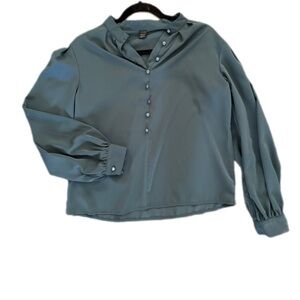 🤎SHEIN Green Mandarin Collar Button Down Blouse